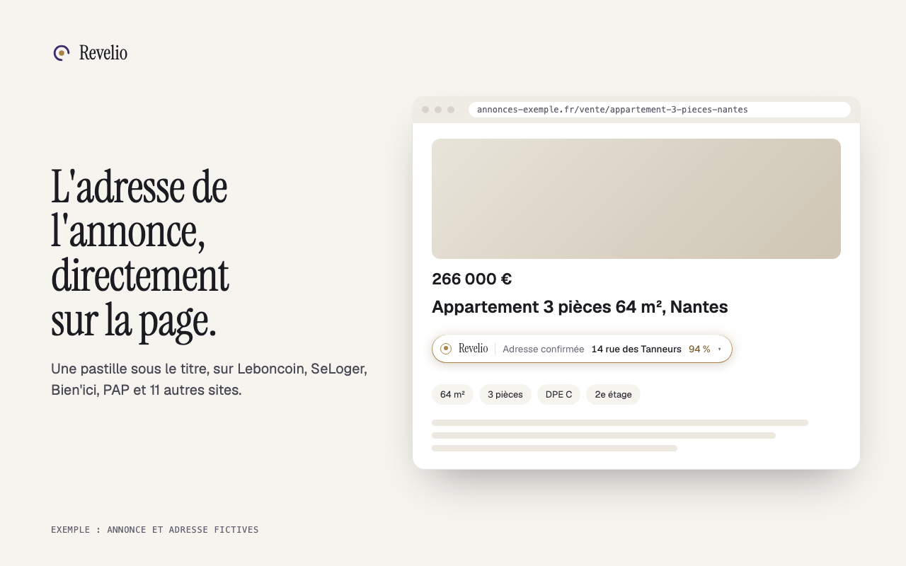 Pastille Revelio sous le titre d'une annonce fictive : adresse très probable avec un niveau de confiance de 94 %