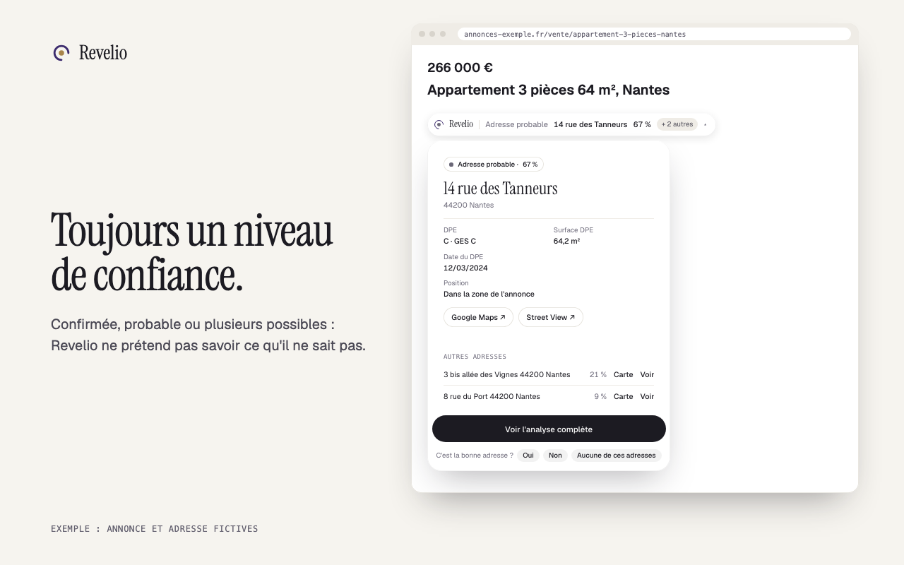 Panneau de la pastille ouvert : adresse probable à 67 %, DPE, surface, autres adresses possibles et bouton Voir l'analyse complète